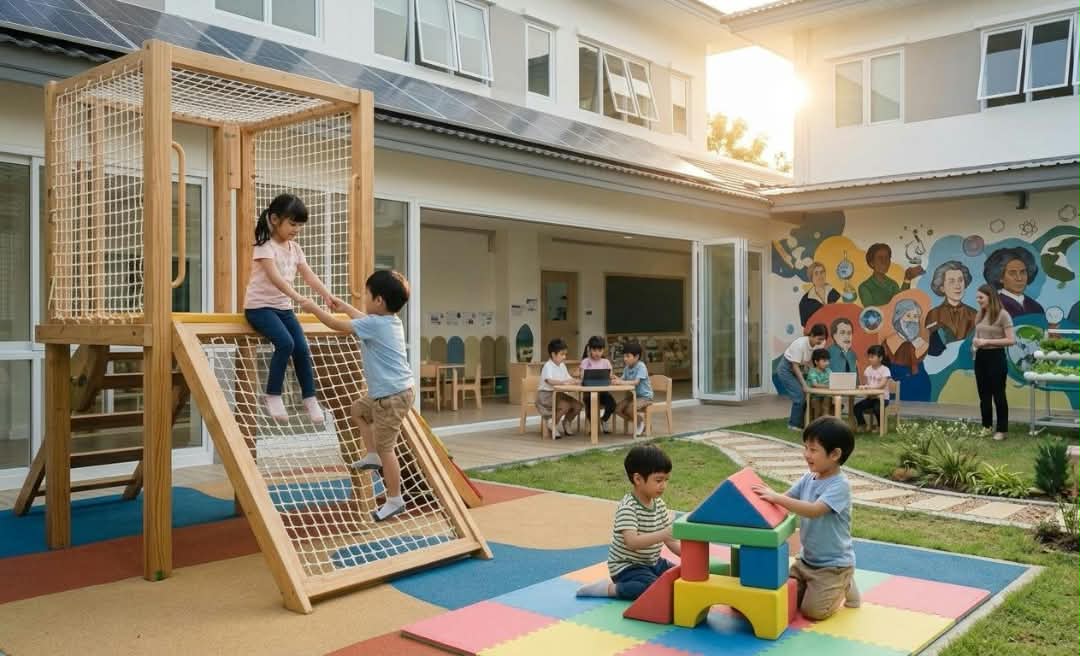 Patio escolar con niños y docentes en actividades