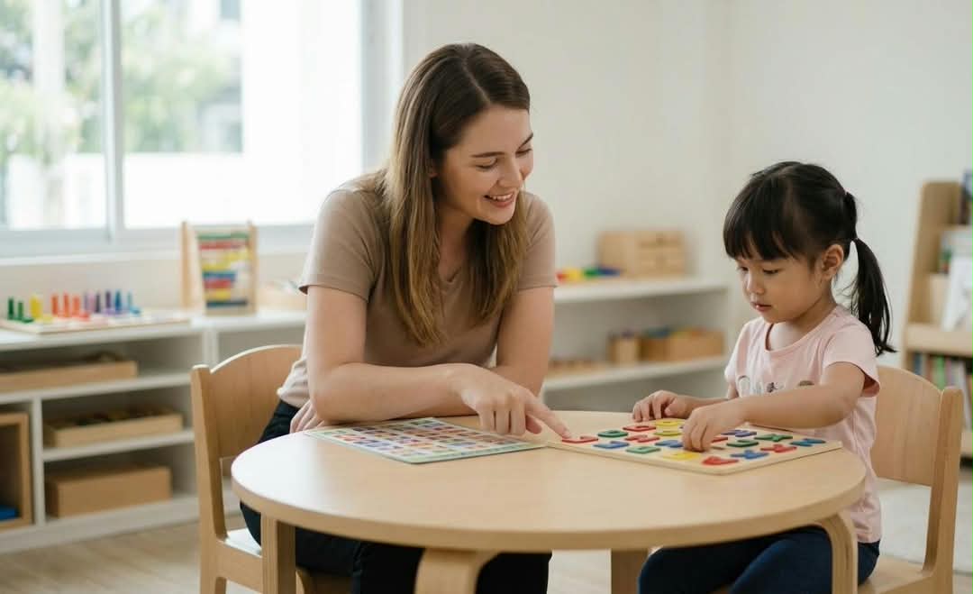 Docente acompañando a una niña en actividad individual