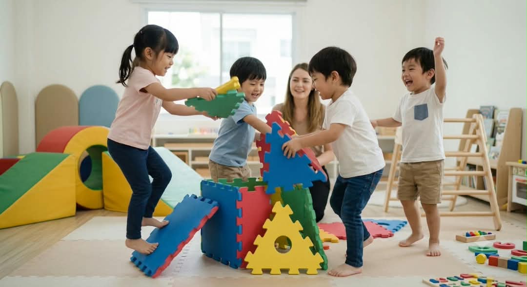 Niños jugando con bloques de colores
